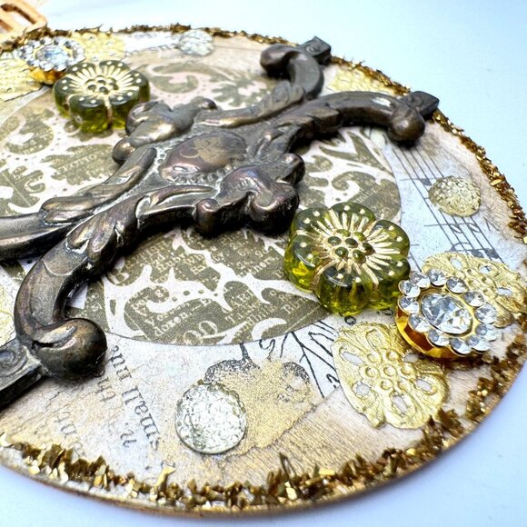 Handcrafted Ornament OOAK Collage Clear Crystal Gold Green Accents 3" Ribbon - Picture 3 of 11